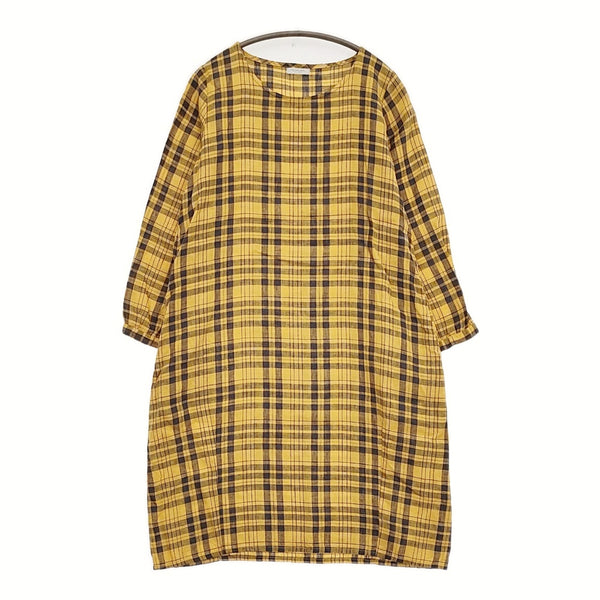 fog linen work リネン チェック ワンピース イエロー チャコールグレー レディース フォグリネンワーク【中古】5-0819M♪