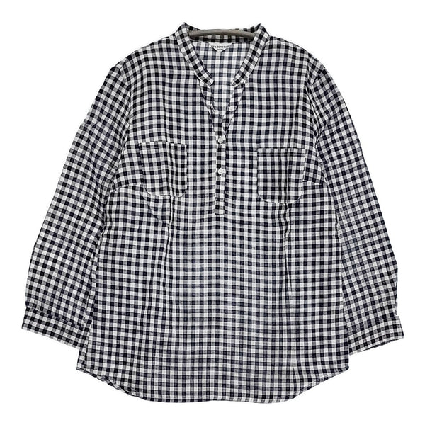 SATIN BOWERVIRD リネン ギンガムチェック プルオーバー 日本製 ブラウス ネイビー ホワイト レディース サテンバウアゥバード【中古】5-0822M♪