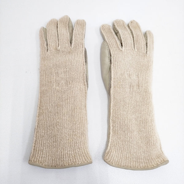 HERMES レザー/カシミヤ Hロゴ サイズ6 1/2 手袋 ベージュ レディース