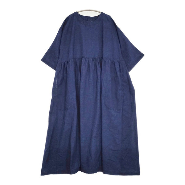 NATURAL LAUNDRY 新品 インディゴシャンブレースモックギャザーワンピース 定価19800円 25SS ネイビー ナチュラルランドリー【中古】5-0902S♪
