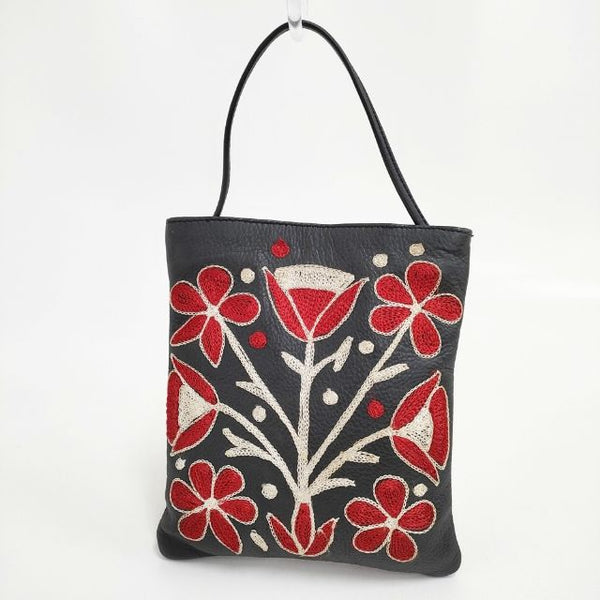 J&M Davidson レザー 刺繍 ミニバッグ トートバッグ ブラック レッド レディース ジェイアンドエムデヴィッドソン【中古】5-1122G∞