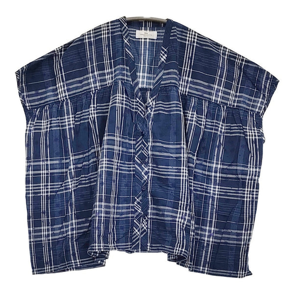 soil チェック/フラワープリント Vネックギャザースモック 定価14300円 ブラウス シャツ 24SS ブルー ホワイト レディース ソイル【中古】5-0908S♪