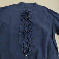 Blue in Green インディゴ染めリネン 高城染工 フリル ブラウス シャツ ネイビー レディース ブルーイングリーン【中古】5-0908M♪