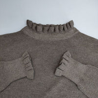 tumugu ランダムリブニットフリルハイネック コットン セーター ニット グレージュ レディース ツムグ【中古】5-1013T∞
