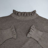 tumugu ランダムリブニットフリルハイネック コットン セーター ニット グレージュ レディース ツムグ【中古】5-1013T∞