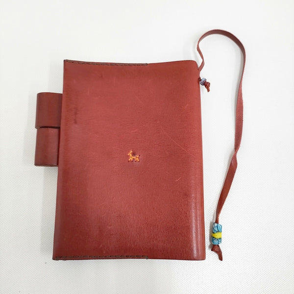 HENRY CUIR/ほぼ日 レザー 犬 花 刺繍 ブックカバー 手帳カバー レッド レディース アンリークイール/ほぼ日【中古】5-0916G♪