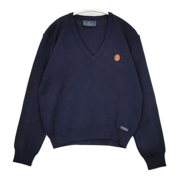 Le Minor フランス製 ウールアクリル Vネック ワッペン付き セーター ニット ネイビー レディース ルミノア【中古】5-1020T∞