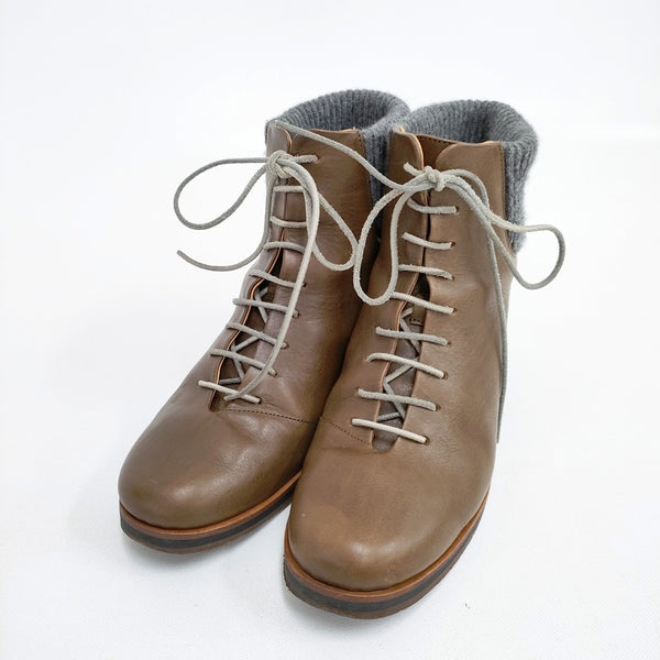 mina perhonen maki レースアップブーツ 38サイズ 定価73000円 牛革 レザー リブ カシミヤ ブーツ ブラウン レディース ミナペルホネン【中古】5-1021T◎