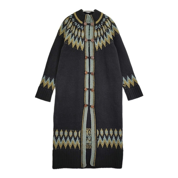 Uhr ノルディックロングニットコート ウール ハイネック カーディガン ブラック レディース ウーア【中古】5-1123T♪