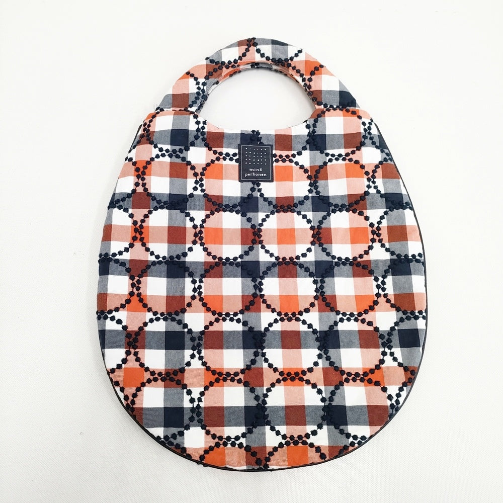 mina perhonen tambourine チェック 刺繍 エッグバッグ コットン トートバッグ ネイビー レッド レディース ミナペルホネン【中古】5-1127G◎ mina perhonen tambourine チェック 刺繍 エッグバッグ コットン