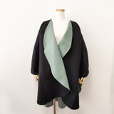 ISSEY MIYAKE ケープ ポンチョ オーバーコート ストール付き サイズ2 コート ブラック グリーン レディース イッセイミヤケ【中古】5-1222T◎