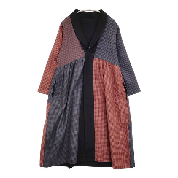 Trip&things購入 リバーシブルコート ローブ パッチワーク ギンガムチェック コート ブラック レッド ネイビー レディース【中古】5-1108T♪