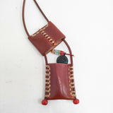 HENRY CUIR 革レザーピーズ ステッチ ネックレス レッド 赤茶 レディース アンリークイール【中古】5-1128G◎