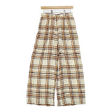 saqui チェック柄 リネン ワイドパンツ サイズ38 日本製 パンツ アイボリー ブラウン レディース サキ【中古】6-0511M△