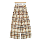 saqui チェック柄 リネン ワイドパンツ サイズ38 日本製 パンツ アイボリー ブラウン レディース サキ【中古】6-0511M△