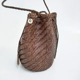 45R/45rpm レザーメッシュ巾着 かごバッグ 革 編み込み ショルダーバッグ ブラウン レディース フォーティーファイブアールピーエム【中古】5-1203G♪