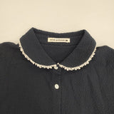 mina perhonen stone face サマーウール 丸襟 us1790 刺繍 サイズ40 半袖 ブラウス シャツ ネイビー レディース ミナペルホネン【中古】6-0621S∞