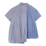 Sacai ストライプ ポプリンシャツ アシンメトリック 24SS 24-07373 サイズ1 プリーツ 半袖シャツ ブルー ホワイト レディース サカイ【中古】6-0506S◎