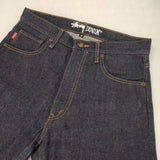 STUSSY 赤耳 裾チェーンステッチ 革パッチ ジーンズ サイズ28 デニムパンツ ネイビー メンズ ステューシー【中古】6-0610G∞