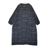 AU GARCONS ノーカラーコート チェック コットンウールリネン コート ネイビー グリーン レディース オーギャルソン【中古】6-0606M∞
