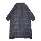 AU GARCONS ノーカラーコート チェック コットンウールリネン コート ネイビー グリーン レディース オーギャルソン【中古】6-0606M∞