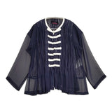 tricot COMME des GARCONS プリーツ チャイナボタン シアーブラウス ノーカラージャケット AD2014 ネイビー レディース トリココムデギャルソン【中古】6-0619M♪