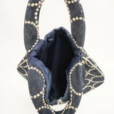 mina perhonen 希少 tambourine タンバリン 刺繍 エッグバッグ デニム コットンリネン e787 トートバッグ コン レディース ミナペルホネン【中古】6-0518G◎