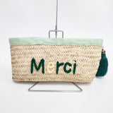 dear Morocco ディアモロッコ Merci 刺繍 タッセル かごバッグ ベージュ Ｌグリーン レディース【中古】6-0528M◎
