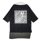β 異素材 切替 ロゴプリント シアー 五分袖 コットン サイズ9 半袖Ｔシャツ カットソー ブラック レディース ベータ【中古】6-0620S△