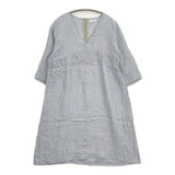 fog linen work 麻100% リトアニア製 七分袖 シアー Vネック ワンピース チュニック ライトブルー レディース フォグリネンワーク【中古】6-0909M△