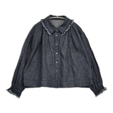 nest Robe コットンリネンダンガリートリミングフリルカラーブラウス デニム 定価27500円 ブラウス シャツ 2025 ネイビー レディース ネストローブ【中古】6-0704M♪