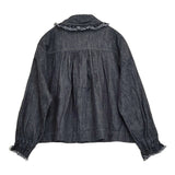 nest Robe コットンリネンダンガリートリミングフリルカラーブラウス デニム 定価27500円 ブラウス シャツ 2025 ネイビー レディース ネストローブ【中古】6-0704M♪