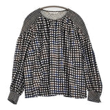 mina perhonen minamo ミナモ プリント 格子チェック シルクウール ギャザーブラウス サイズ40 定価50600円 ブラウス シャツ ブルー ブラック レディース ミナペルホネン【中古】6-0704M♪