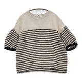 MAGALI ボーダーリネンギャザースリーブプルオーバー 定価23100円 日本製 ブラウス シャツ ベージュ ブラック レディース マガリ【中古】6-0724S♪