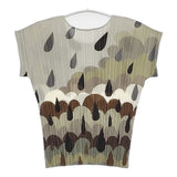 PLEATS PLEASE ISSEY MIYAKE プリーツ加工 半袖ブラウス プルオーバー レインプリント 雫 サイズ3 ポリエステル 半袖Ｔシャツ カットソー カーキ グレー レディース プリーツプリーズ【中古】6-0721S△