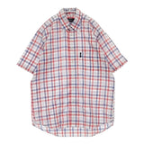 POLO チェック ボタンダウン コットンリネン トリコロールカラー サイズL 半袖シャツ ホワイト レッド ブルー レディース ポロ【中古】6-0818S△