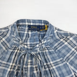 POLO RALPH LAUREN リネン チェック リボン 半袖 プルオーバー インド製 ブラウス シャツ ブルー ホワイト レディース ポロ・ラルフローレン【中古】6-0818S△