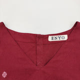 ENYO エニョ フランス製 リネンドレス Vネック 刺繍 ハンドワーク 半袖 ワンピース ワインレッド レディース【中古】6-0806S♪