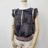 Sally Scott フレンチスリーブ スモッキング刺繍 総柄 ブラウス シャツ ネイビー ピンク レディース サリースコット【中古】6-0826S∞