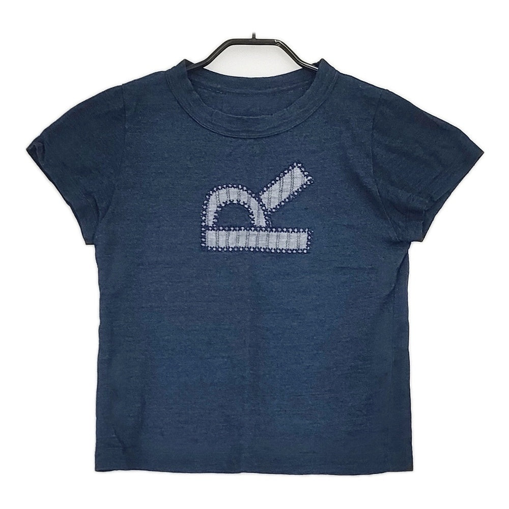 45R インディゴ染め Tシャツ R刺繍 パッチワーク 半袖 ブルー 45R/45rpm インディゴ染め ロゴ パッチワーク 刺繍 コットン 日本製