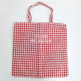 R&D.M.Co- リネン ギンガムチェック GOOD MORNING 刺繍 トートバッグ レッド ホワイト レディース オールドマンズテーラー【中古】6-0814G♪