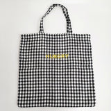 R&D.M.Co- リネン ギンガムチェック HUNGRY 刺繍 トートバッグ ブラック ホワイト レディース オールドマンズテーラー【中古】6-0814G♪