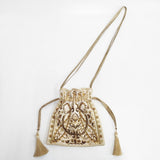 NE QUITTEZ PAS 新品 刺繍 ドローストリング ショルダーバッグ 012062QE1 巾着 ビーズ スパンコール インド製 ショルダーバッグ ゴールド レディース ヌキテパ【中古】6-1008G◎