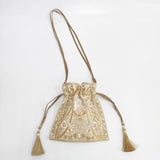 NE QUITTEZ PAS 新品 刺繍 ドローストリング ショルダーバッグ 012062QE1 巾着 ビーズ スパンコール インド製 ショルダーバッグ ゴールド レディース ヌキテパ【中古】6-1008G◎