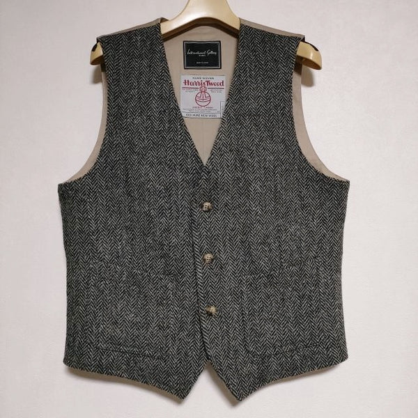 International Gallery BEAMS/HARRIS TWEED ウール ヘリンボーン ジレ ベスト グレー メンズ インターナショナルギャラリービームス/ハリスツイード【中古】4-1225T∞