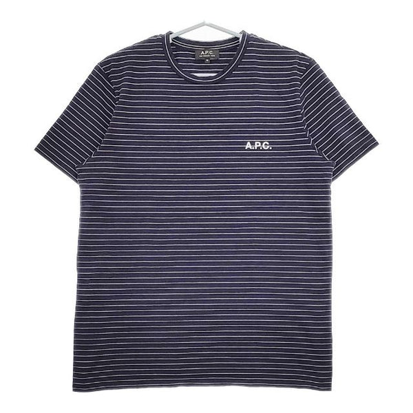 A.P.C. ロゴプリント ボーダー コットン 半袖Ｔシャツ カットソー ネイビー メンズ アーペーセー【中古】5-0501S∞