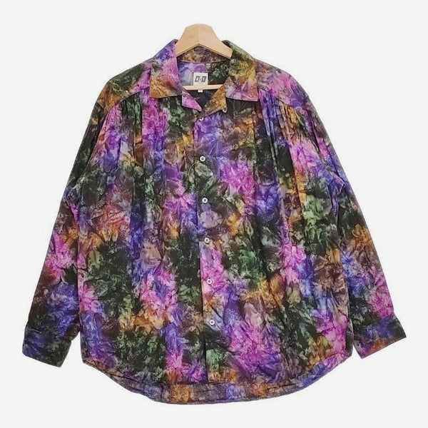 AiE Painter Shirt Abstract Batik コットン オープンカラー ギャザー 長袖シャツ パープル マルチカラー メンズ エーアイイー【中古】5-0111M∞