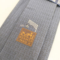 HERMES サッカー フットボール 刺繍 フランス製 428897T シルク ネクタイ ネイビー メンズ エルメス【中古】5-0206G◎