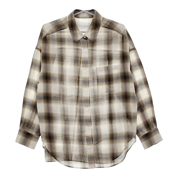 green label relaxing シアーチェックシャツ 定価8910円 長袖シャツ ベージュ ブラウン レディース グリーンレーベルリラクシング【中古】5-0506M♪
